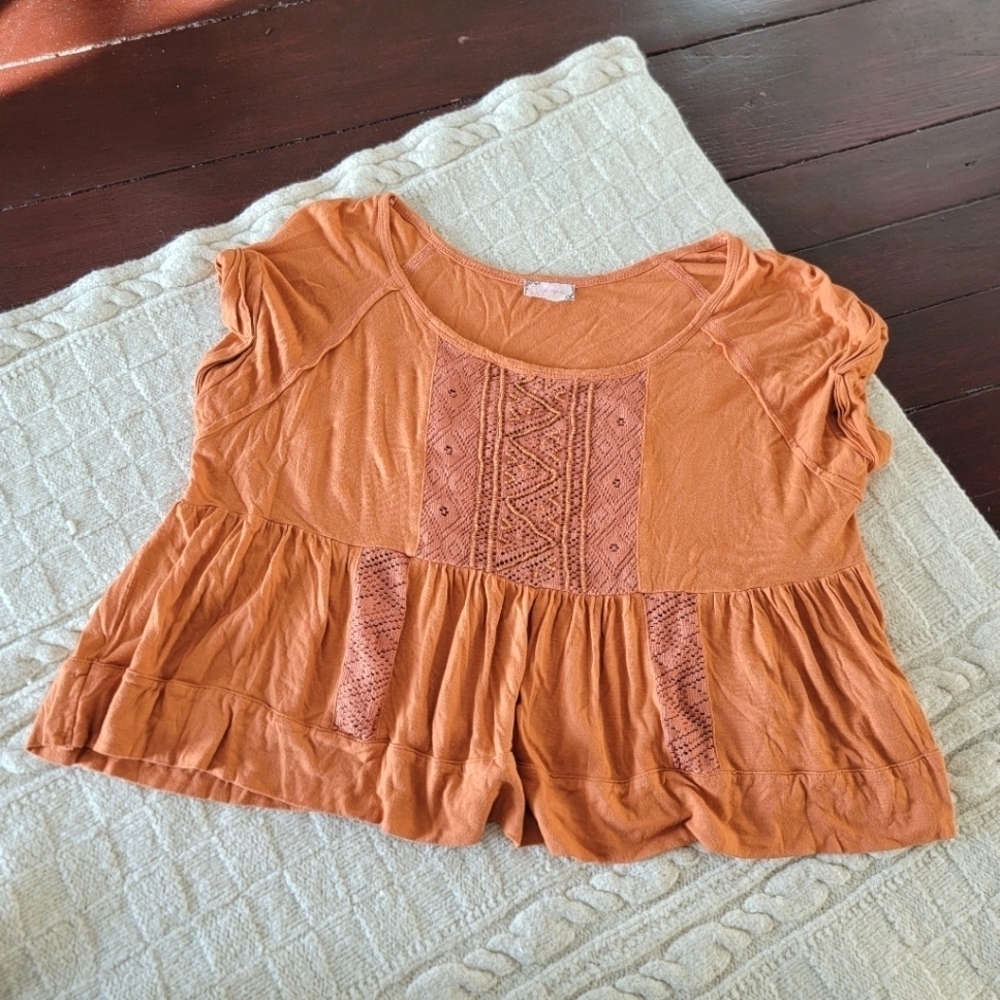 Free People Oversized Beaded Peplum Boho Cropped Blouse size XS/S Orange